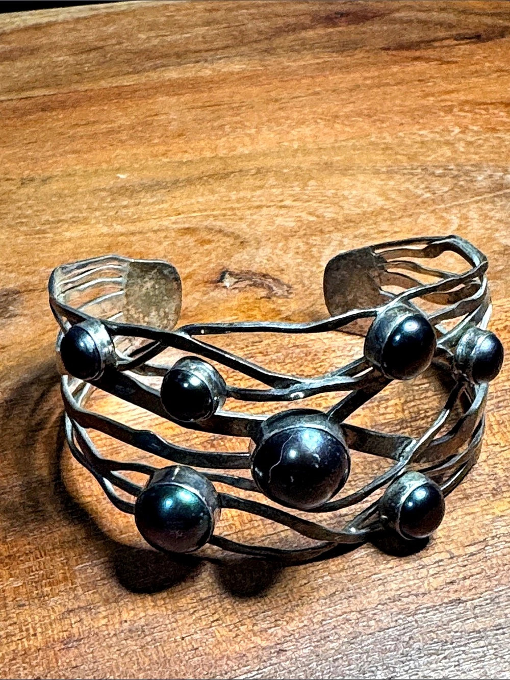 Sterling Silver 925 Black Bead Cuff Bracelet
